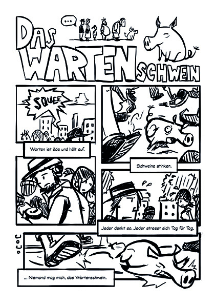 Murmel Comics-Einreichung zum Thema Warten Seite 1, Das Wartenschwein